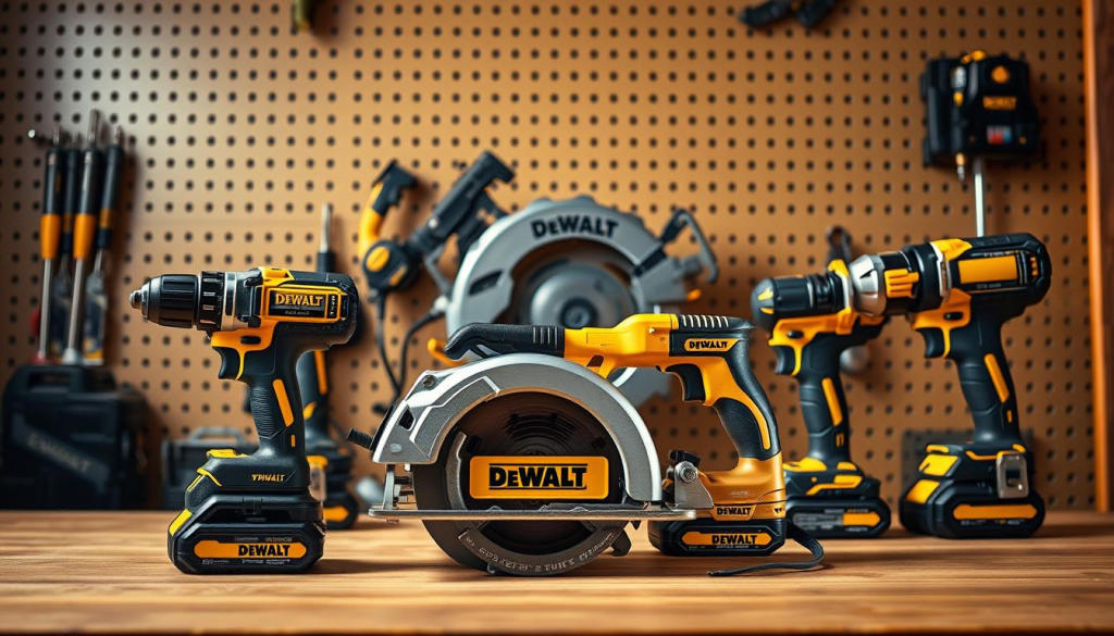 A neatly arranged display of high-quality DEWALT power tools, meticulously crafted in the USA. The foreground showcases a cordless drill, a circular saw, and a jigsaw, their sleek black and yellow designs gleaming under warm, directional lighting. In the middle ground, a miter saw and an impact wrench stand ready for heavy-duty tasks. The background features a pegboard wall, showcasing the versatility of the DEWALT lineup. The overall scene conveys a sense of professional-grade workmanship, durability, and American-made pride.