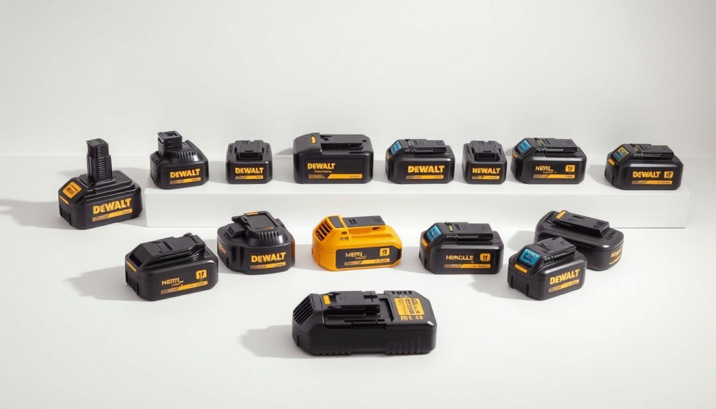 A neatly arranged display of interchangeable DeWalt and Hercules battery packs, showcased against a clean, minimalist background. The batteries are meticulously positioned, highlighting their similarities in size, shape, and color. Soft, directional lighting casts subtle shadows, emphasizing the sleek, modern design of the products. The scene conveys a sense of harmony, suggesting the seamless interchangeability between the two battery systems. The overall composition exudes a professional, yet approachable tone, suitable for the "Community Insights on Battery Interchangeability" section of the article.