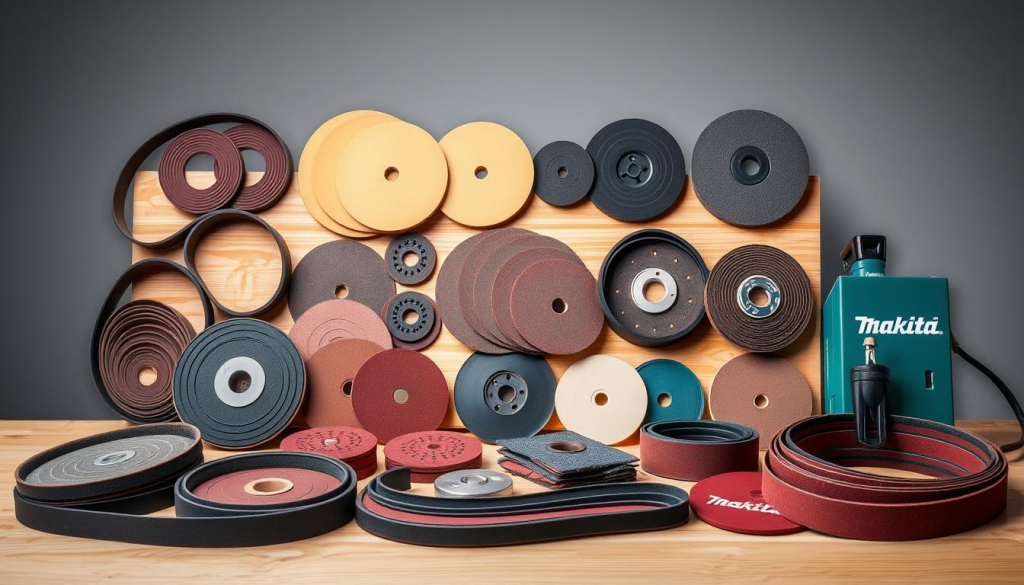 A neatly arranged display of premium Makita power tool accessories, including a variety of sanding belts, discs, and pads in an assortment of grits and materials. The accessories are laid out on a clean, well-lit wooden surface, with a soft, diffused lighting highlighting the textures and details. The background is a simple, neutral gray, allowing the tools to take center stage. The overall composition conveys a sense of professionalism, quality, and the breadth of Makita's accessory offerings to complement their renowned belt sander.