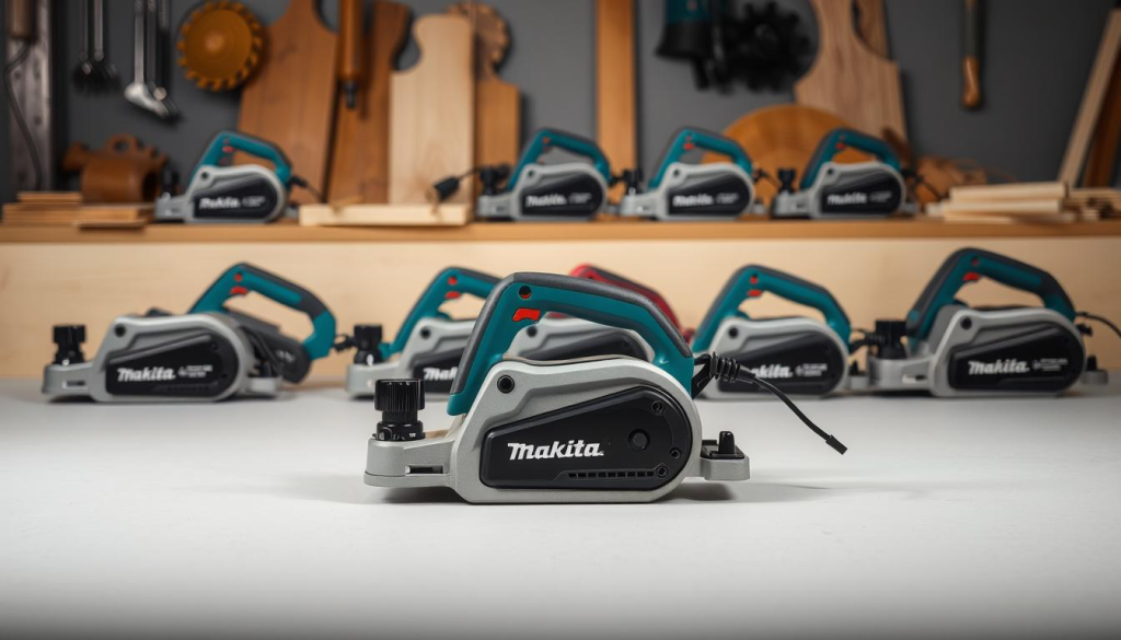 A neatly arranged display of various Makita electric planers in a well-lit studio setting. The foreground features the latest model of Makita planer, its sleek design and ergonomic controls prominently showcased against a neutral background. The middle ground includes a selection of additional Makita planer models, each highlighting unique features and specifications. The background subtly features woodworking tools and materials, conveying the planer's intended use for DIY woodworking projects. The overall mood is one of professionalism, functionality, and attention to detail, guiding the viewer towards the best Makita electric planer for their needs.