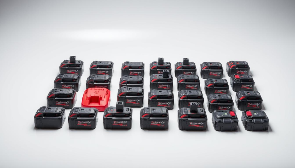 A neatly arranged grid of power tool batteries in various sizes and colors, sitting on a clean, reflective surface. The batteries are illuminated from above by soft, diffused lighting, casting subtle shadows that accentuate their textures and forms. The scene has a sleek, modern aesthetic, with a slightly muted color palette that emphasizes the batteries' functional design. The overall composition conveys a sense of order, highlighting the importance of interchangeable battery systems that allow users to mix and match different tool brands.