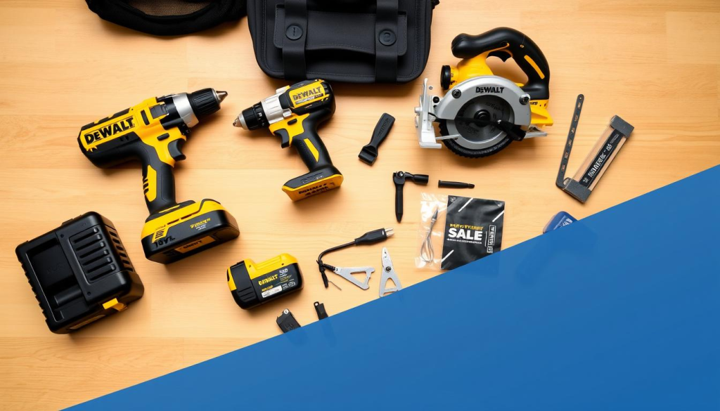 A neatly arranged set of DEWALT 18V power tools and accessories, including a cordless drill, impact driver, circular saw, and other essential items, resting on a clean, well-lit wooden surface. The tools are presented in a visually appealing and organized manner, showcasing their robust construction, versatility, and the comprehensive nature of the DEWALT 18V tool kit. The lighting creates a warm, professional atmosphere, highlighting the tools' sleek, modern design and the attention to detail in their presentation. The overall composition conveys the high-quality and comprehensive nature of the DEWALT 18V tool ecosystem, making it an ideal illustration for the "Accessories for DEWALT 18V Tools" section of the article.
