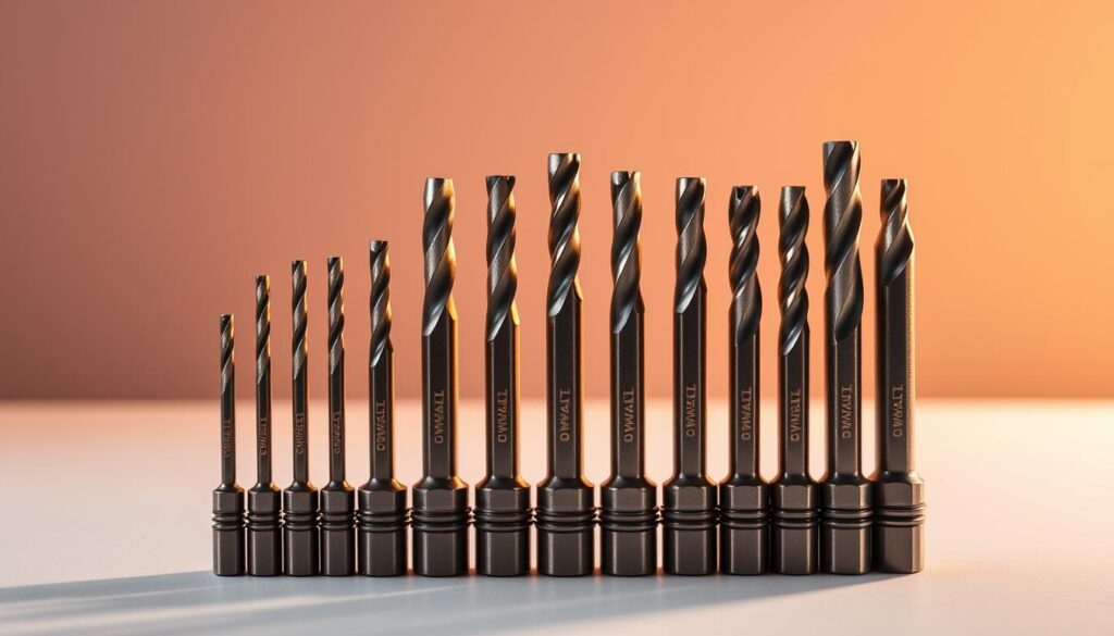 A neatly arranged set of high-quality DeWalt impact drill bits in a variety of sizes, with a soft, warm lighting illuminating the tools against a clean, minimalist background. The bits are showcased in a way that highlights their precision, durability, and suitability for powerful drilling applications. The overall composition conveys a sense of professionalism, attention to detail, and the practical capabilities of the DeWalt impact drill bit set.