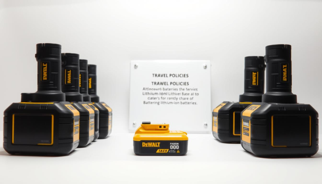 A neatly arranged still life of Dewalt battery packs against a plain white backdrop, illuminated by soft, even lighting. The batteries are displayed in the foreground, their yellow and black colors contrasting sharply. In the middle ground, a placard or sign discretely indicates the travel policies for Dewalt lithium-ion batteries, with clear, concise text. The background is clean and uncluttered, allowing the product and policy information to be the sole focus of the image.