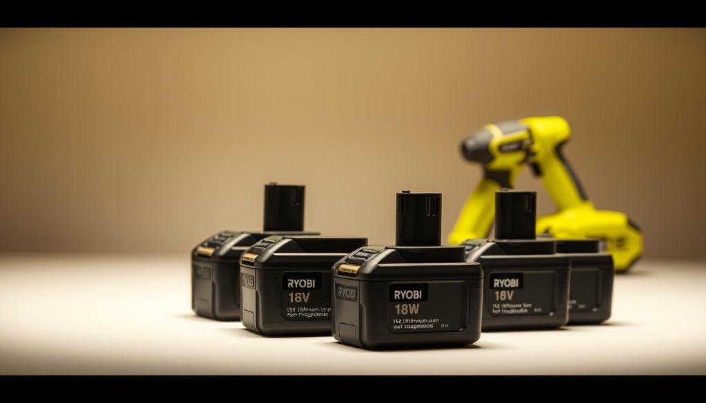 A neatly arranged still-life showcasing a collection of Ryobi 18V lithium-ion rechargeable batteries. The batteries are positioned in the foreground, capturing their sleek, rectangular design and distinct Ryobi branding. The lighting is soft and diffused, creating a warm, inviting atmosphere. The middle ground features a neutral, uncluttered background, allowing the batteries to take center stage. The overall composition is balanced and visually striking, highlighting the essential role these batteries play in powering Ryobi power tools and equipment.
