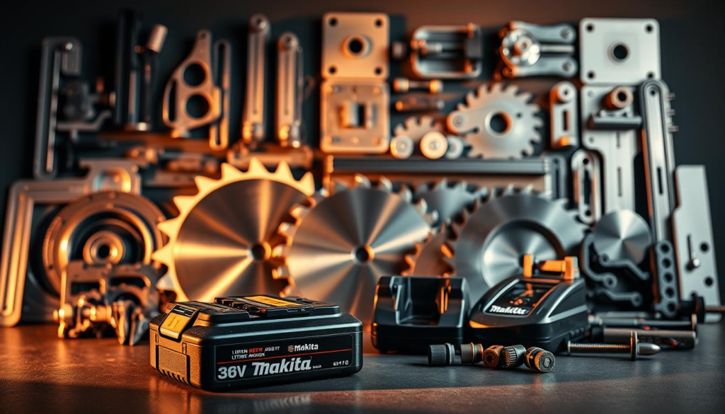 A neatly arranged still life showcasing a diverse collection of Makita 36V circular saw accessories. In the foreground, the 36V lithium-ion battery pack and charger take center stage, bathed in warm, directional lighting that casts subtle shadows. In the middle ground, a selection of saw blades with varying tooth counts and diameters are displayed, their metallic surfaces gleaming. In the background, a variety of adapter plates, guide rails, and other specialized attachments are arranged in a visually pleasing manner, hinting at the saw's versatility and the wide range of cutting tasks it can handle. The overall composition exudes a sense of precision, quality, and the high-performance capabilities of the Makita 36V cordless circular saw system.