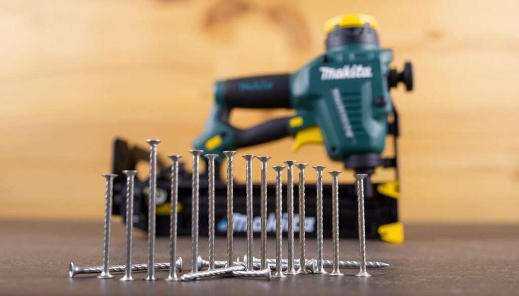 A neatly arranged still life showcasing various nail types and sizes suitable for a Makita finish nailer. The foreground features a selection of galvanized finish nails in varying lengths, from 1 inch to 2.5 inches, their metallic sheen catching the soft, directional lighting. In the middle ground, the Makita finish nailer stands prominently, its sleek design and yellow accents hinting at its precision and power. The background subtly blurs into a warm, wooden texture, suggesting the ideal application for these nails - high-quality woodworking projects. The overall composition conveys the importance of selecting the right nail size and type to achieve professional-grade results with a Makita finish nailer.