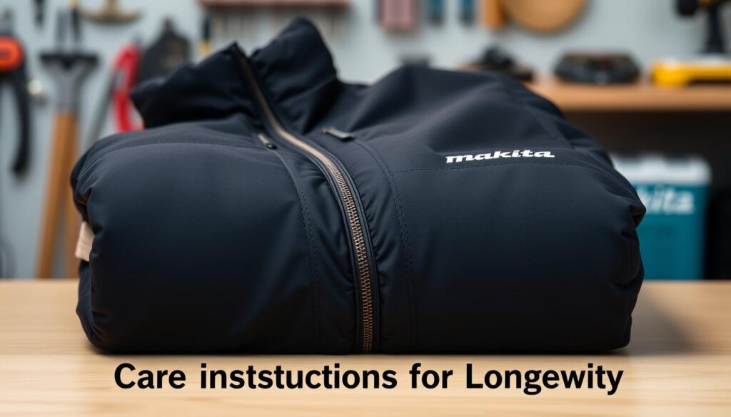A neatly folded Makita heated jacket, its fabric meticulously detailed, resting on a wooden surface. Soft, diffused lighting casts a warm glow, highlighting the intricate stitching and zipper. In the background, a blurred, minimalist workspace, with hints of tools and equipment, conveying a sense of care and maintenance. The image exudes a sense of tranquility and attention to detail, reflecting the "Care Instructions for Longevity" section of the article.