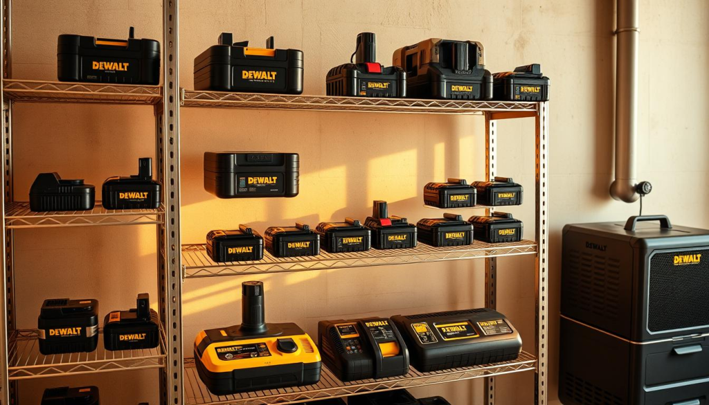 A neatly organized DEWALT battery storage setup, with various batteries and chargers arranged on clean metal shelves. The lighting is warm and natural, creating a sense of organization and efficiency. The batteries are positioned at different angles, creating a visually appealing layout. The shelves are made of sleek, brushed steel, complementing the modern, professional aesthetic of the DEWALT brand. The background is a clean, minimalist workspace, with a subtle hint of industrial elements, such as concrete walls or exposed pipes, to reinforce the practical, workshop-like setting. The overall composition conveys a sense of care and attention to detail in maintaining and storing DEWALT batteries for optimal performance.