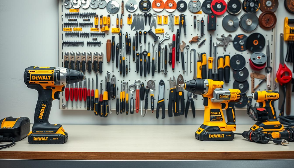 A neatly organized DEWALT power tool maintenance station, with various tools and accessories meticulously arranged on a workbench. Soft, diffused lighting illuminates the scene, creating a calm and professional atmosphere. In the foreground, a cordless drill, impact wrench, and oscillating multi-tool are positioned, their brushed metal casings gleaming. In the middle ground, an array of screwdrivers, pliers, and wrenches are neatly organized in a tool holder. The background features a pegboard displaying a range of DEWALT accessories, from saw blades to sanding discs, all meticulously arranged. The overall composition emphasizes the attention to detail and care required for proper DEWALT power tool maintenance.