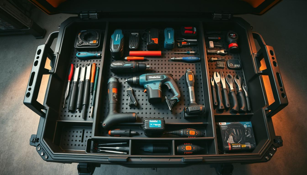 A neatly organized Makita Packout tool organizer, bathed in warm, directional lighting that casts subtle shadows, showcasing its modular trays and compartments. The center tray displays a selection of power tools, while the surrounding spaces house various hand tools, screwdrivers, and accessories, all carefully arranged for maximum efficiency. The Packout system's rugged, industrial design is highlighted, conveying a sense of practicality and durability. The overall composition emphasizes the organizer's ability to keep essential tools within easy reach, supporting the productive workflow of a hardworking professional.
