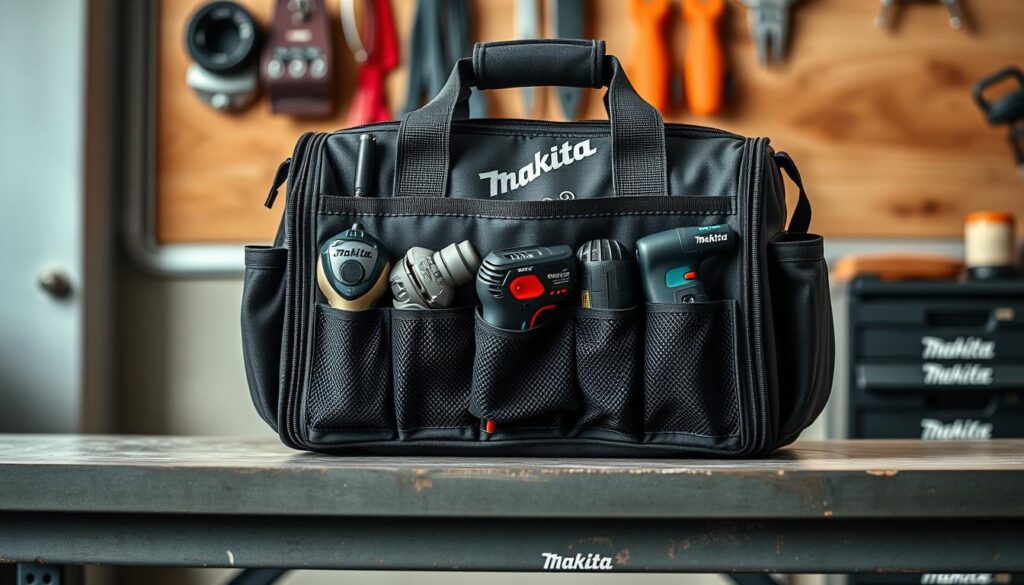 A neatly organized Makita tool bag rests on a sturdy workbench, bathed in soft, directional lighting. The bag's durable construction and thoughtful design are showcased, with various pockets and compartments visible. An array of Makita power tools and accessories are meticulously arranged inside, their shapes and textures discernible through the semi-transparent mesh panels. The overall composition exudes a sense of practicality, efficiency, and the professional-grade quality associated with the Makita brand. The image conveys the bag's versatility as a robust storage solution for the modern tradesperson.