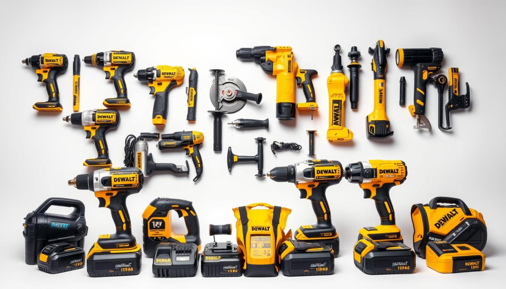 A neatly organized collection of DEWALT 18V power tools, prominently displayed on a clean, minimalist background. The tools are meticulously arranged, showcasing their sleek, industrial design and the brand's signature black and yellow color scheme. The foreground features a selection of common power tools, including a drill, impact driver, and reciprocating saw, all with their battery packs attached. The middle ground reveals a variety of other 18V tools, such as a grinder, jigsaw, and work light, demonstrating the breadth of the DEWALT 18V lineup. The background is lightly shadowed, creating depth and emphasizing the tools' three-dimensional forms. The overall composition is well-balanced, with a sense of symmetry and attention to detail, highlighting the professional-grade quality of the DEWALT 18V tool set.