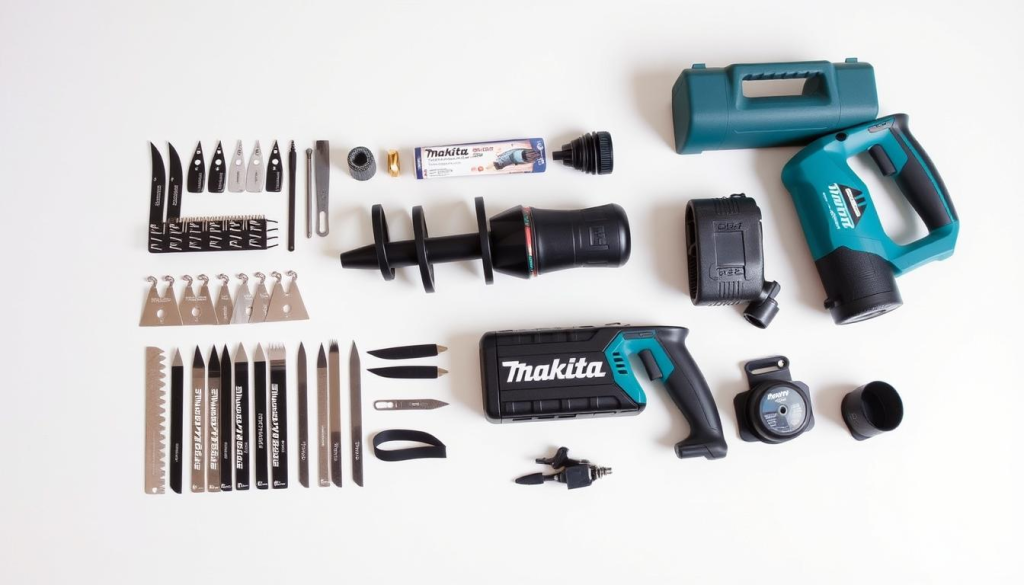 A neatly organized collection of Makita reciprocating saw accessories, including various blades, a blade storage case, and a dust collection attachment, all illuminated by soft, directional lighting to accentuate their sleek, high-quality design. The accessories are arranged on a clean, neutral-toned surface, allowing them to be the focal point of the image. The composition emphasizes the versatility and attention to detail of the Makita product line, conveying a sense of professionalism and reliability suitable for an article about essential tools for a DIY or home improvement project.