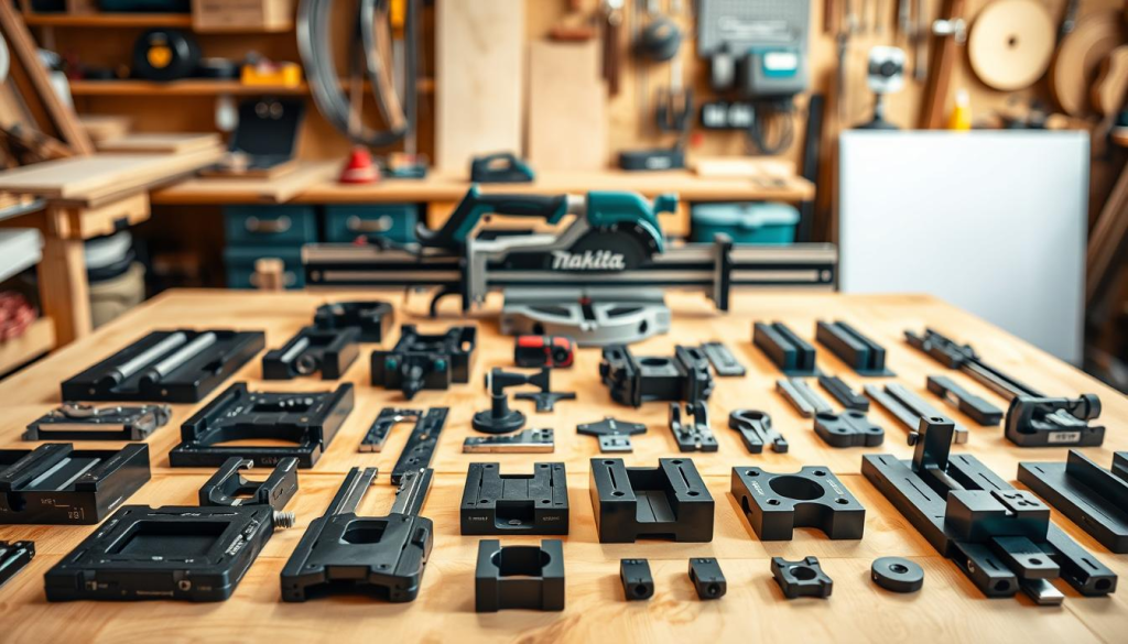 A neatly organized collection of Makita track saw accessories laid out on a clean, well-lit wooden workbench. In the foreground, a range of precision cutting guides, clamps, and adapters are displayed, showcasing their intricate details and high-quality construction. The middle ground features the Makita track saw itself, its sleek design and advanced features hinting at the power and precision it offers. In the background, a soft-focus view of a well-equipped woodworking workshop, with various tools and materials that complement the track saw accessories. The overall scene conveys a sense of professional craftsmanship and the versatility of the Makita track saw system.