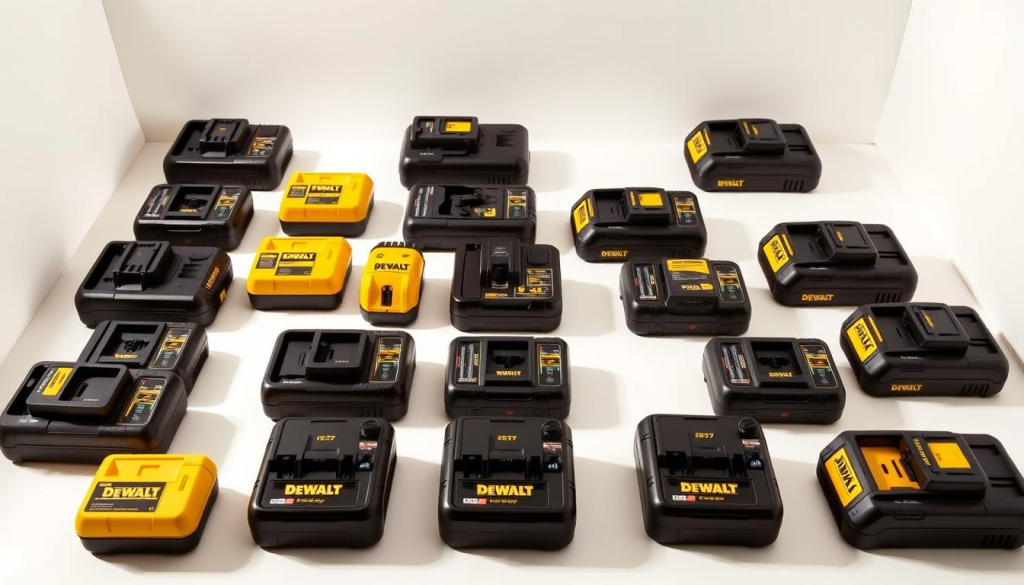 A neatly organized display of DEWALT charger models, showcased in a well-lit, minimalist studio setting. The chargers are presented against a clean, off-white background, allowing their sleek, modern design to take center stage. The models are arranged in a symmetrical grid, with each charger photographed from a slightly elevated angle to highlight their functionality and technical features. Soft, directional lighting casts gentle shadows, emphasizing the chargers' contours and lending a sense of depth and dimension to the scene. The overall mood is one of professionalism, efficiency, and attention to detail - qualities that align with the DEWALT brand identity.