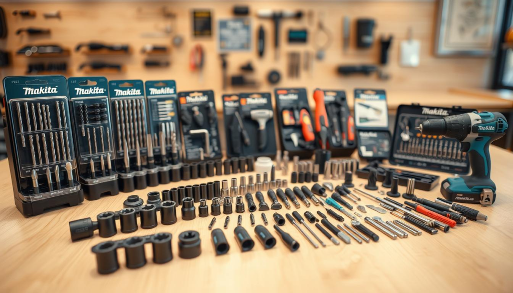 A neatly organized display of Makita power tool accessories, including a range of drill bits, screwdriver tips, socket sets, and other essential items. The accessories are arranged on a clean, well-lit wooden surface, with a slightly blurred background to draw the focus to the foreground. The lighting is soft and warm, creating a professional and inviting atmosphere. The camera angle is slightly elevated, providing a comprehensive view of the product range. The overall composition is visually appealing and showcases the versatility and quality of the Makita drill combo set accessories.