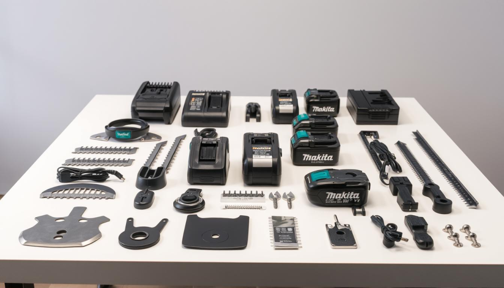 A neatly organized display of hedge trimmer accessories, meticulously arranged on a clean, well-lit table. In the foreground, a selection of trimmer blades, guards, and safety features, their sleek metallic surfaces gleaming under the soft, diffused lighting. In the middle ground, a collection of battery packs and chargers, their modern, minimalist designs complementing the accessories. The background features a plain, neutral-colored backdrop, allowing the products to take center stage. The overall atmosphere is one of professionalism, efficiency, and attention to detail, reflecting the high-quality craftsmanship of the Makita 18V Cordless Hedge Trimmer.