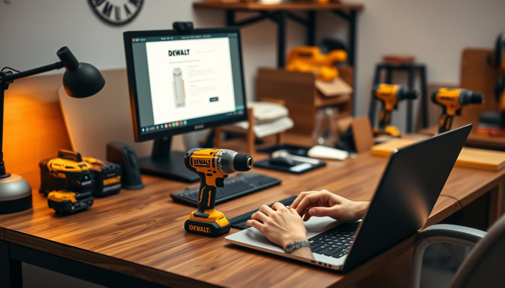 A neatly organized office space with a sturdy wooden desk, featuring a modern desktop computer and an assortment of DEWALT tools. On the desk, a DEWALT power tool sits next to a laptop, with the user's hands gently resting on the keyboard, focusing intently on the screen. Soft, indirect lighting creates a warm, professional atmosphere, casting a gentle glow across the scene. The background blurs slightly, emphasizing the centrality of the tool registration process. The overall composition conveys a sense of efficiency, attention to detail, and the seamless integration of technology and tools in the DEWALT user experience.