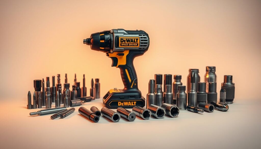 A neatly organized still life of DeWalt impact driver accessories, illuminated by warm, directional lighting that accentuates the metallic sheen and textural details. In the foreground, an array of driver bits, sockets, and other attachments are precisely arranged on a clean, matte surface. In the middle ground, the impact driver itself takes center stage, its rugged, brushed-metal body conveying power and durability. The background features a clean, minimalist setting, allowing the tools to be the focal point. The overall mood is one of professionalism, functionality, and attention to detail - reflecting the high-quality performance expected from DeWalt power tools.