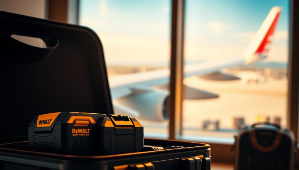 A neatly organized travel case containing a DEWALT battery pack is positioned in the foreground, illuminated by warm, directional lighting. In the middle ground, a plane wing and engine can be seen through a window, symbolizing the international travel context. The background features a blurred airport terminal scene, conveying the sense of travel and regulations. The overall composition and color palette evoke a professional, regulated atmosphere, suitable for illustrating the "International Travel Considerations" section of the article.