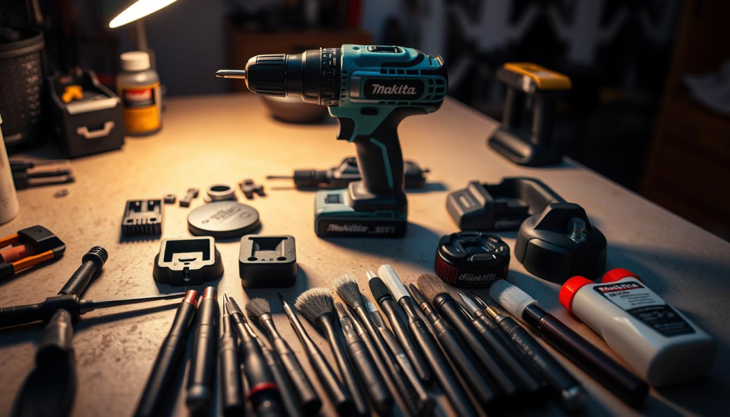 A neatly organized workbench, with a Makita cordless power drill at the center. The drill is disassembled, its components laid out meticulously. In the foreground, a set of specialized tools - screwdrivers, brushes, and lubricants - are arranged, ready to assist in the maintenance process. Indirect lighting casts a warm, focused glow, highlighting the intricate details of the drill's inner mechanisms. The background is slightly blurred, emphasizing the task at hand. The overall scene conveys a sense of professionalism, care, and dedication to prolonging the life of this reliable power tool.