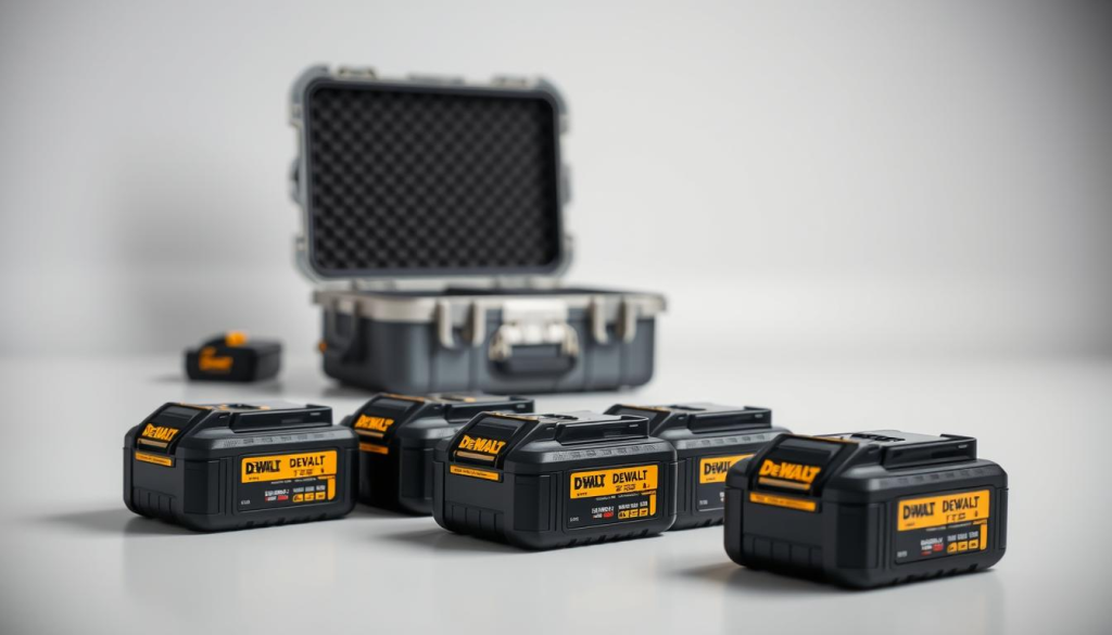 A neatly organized workspace with a set of DeWalt power tool batteries arranged in the foreground. The batteries are displayed in a clean, well-lit environment, showcasing their sturdy construction and compact design. In the middle ground, a protective case or box hints at the proper way to pack the batteries for air travel. The background features a subtle, minimalist setting, drawing focus to the batteries and their safe transportation. Soft, diffused lighting casts a professional, authoritative mood, emphasizing the importance of responsible battery handling. The composition is balanced, with the batteries taking center stage and the surrounding elements complementing the overall theme.