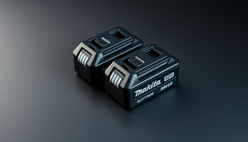 A pair of Makita 40V lithium-ion batteries resting on a sleek, matte black surface. The batteries are encased in a durable, textured shell with the Makita logo prominently displayed. Subtle highlights and shadows define the contours, emphasizing the batteries' robust construction. The lighting is soft and evenly distributed, creating a clean, modern aesthetic. The background is a gradient of complementary hues, drawing the viewer's attention to the powerful Makita batteries at the center of the frame. The overall composition conveys a sense of strength, reliability, and the energy these batteries can provide for Makita's high-performance tools.