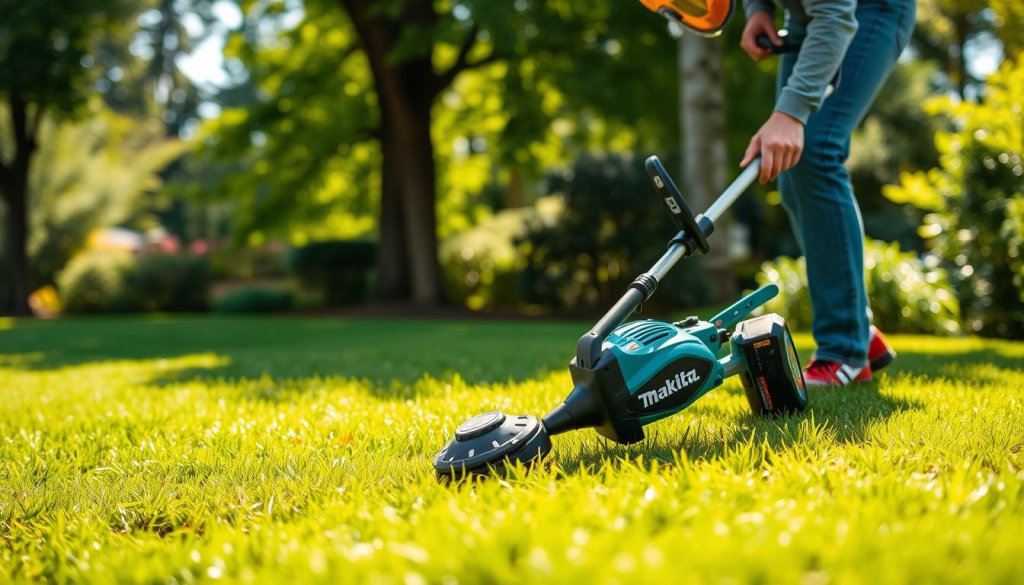A person carefully operating a Makita cordless weed eater, wearing protective goggles and a face shield, in a lush, well-manicured lawn. Sunlight filters through the trees, casting soft shadows on the ground. The weed eater's powerful motor is evident, as the person guides it methodically along the lawn's edges, maintaining a precise and tidy appearance. The image conveys the importance of safety and attention to detail when using this efficient lawn maintenance tool.