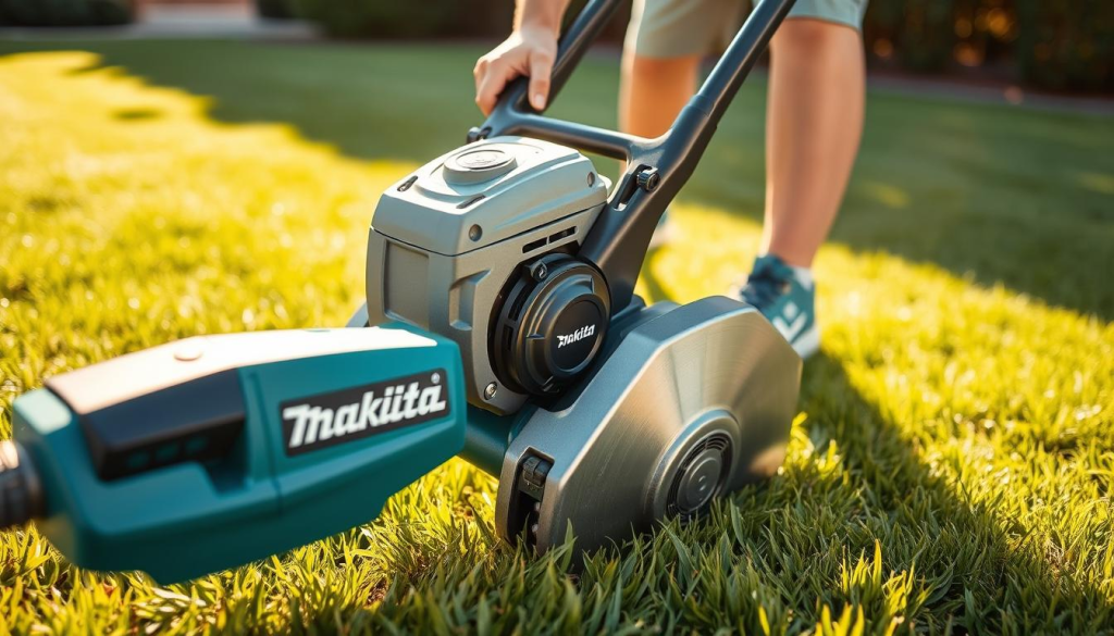 A person confidently operating a Makita edger, the powerful tool's motor humming as the blade precisely trims the lawn's edge. The foreground shows the user's hands gripping the edger's handles, their stance balanced and controlled. In the middle ground, the edger's spinning blade smoothly slices through the grass, creating a clean, defined border. The background reveals a lush, well-manicured lawn, the sun's rays casting a warm, natural light across the scene. The user's expression is one of focus and satisfaction, demonstrating the ease and effectiveness of using this high-quality Makita power tool.