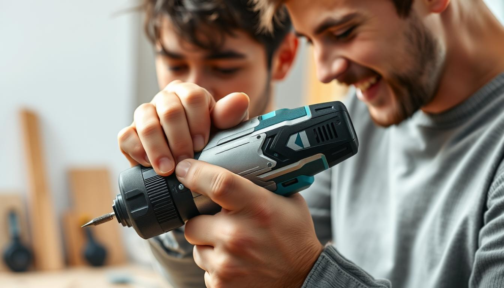 A person enthusiastically using the Makita XDT20 impact driver, their hands firmly gripping the compact and ergonomic tool as they work on a DIY project. The bright lighting illuminates their focused expression and the detailed textures of the driver's metallic body. The background fades into a clean, minimalist workshop setting, highlighting the tool's versatility and suitability for a range of home improvement tasks. The scene conveys a sense of productivity, efficiency, and user satisfaction with the Makita XDT20's performance and ease of use.