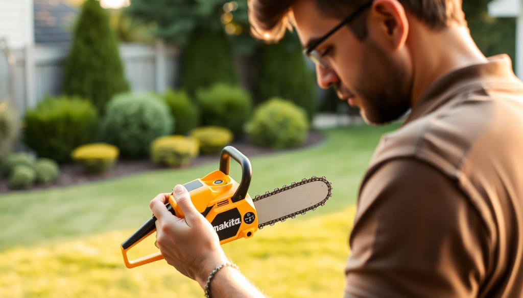 A person examining and reviewing a Makita mini chainsaw in their yard. The user is in the foreground, dressed casually and holding the compact, yellow power tool with a focused, evaluative expression. In the middle ground, the user's backyard is visible, with lush greenery and neatly trimmed shrubs. The background showcases a warm, golden-hour lighting, casting a soft, natural glow over the scene. The overall mood is one of thoughtful assessment, with the user carefully considering the mini chainsaw's performance and utility for their yard maintenance needs.