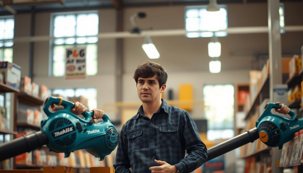 A person standing in a well-lit home improvement store, thoughtfully examining and comparing different Makita leaf blower models on display. The scene has a warm, inviting atmosphere with natural lighting filtering in through large windows. The person's expression conveys a sense of diligent consideration as they carefully weigh the features and specifications of each leaf blower, considering factors like power, weight, noise level, and ease of use. The background is blurred, allowing the leaf blowers to take center stage and be the focal point of the image.
