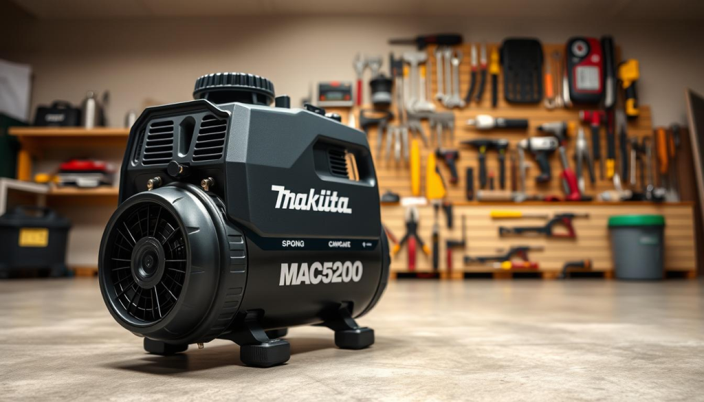 A portable air compressor in a well-lit, clean workshop setting. The foreground features the Makita MAC5200 model, its sleek black and silver design reflecting the strong, durable build quality. The compressor's details are captured with precision, from the large air intake to the sturdy rubber feet. In the middle ground, tools and accessories are neatly organized, showcasing the compressor's versatility. The background depicts a neutral-toned wall, allowing the device to take center stage. The lighting is soft and even, highlighting the compressor's smooth lines and premium finish. An overall sense of professionalism and attention to detail pervades the scene.