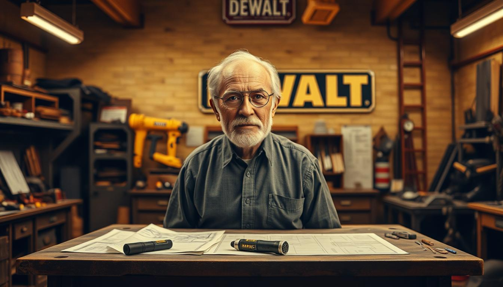 A portrait of DEWALT's founder, with a warm, sepia-toned lighting illuminating his face, set against a vintage, workshop-inspired background. A large, industrial-style workbench occupies the middle ground, with various tools and blueprints scattered across its surface. In the background, a wall-mounted DEWALT logo stands out, subtly hinting at the company's origins. The overall mood is one of innovation, craftsmanship, and the entrepreneurial spirit that gave rise to this iconic power tool brand.