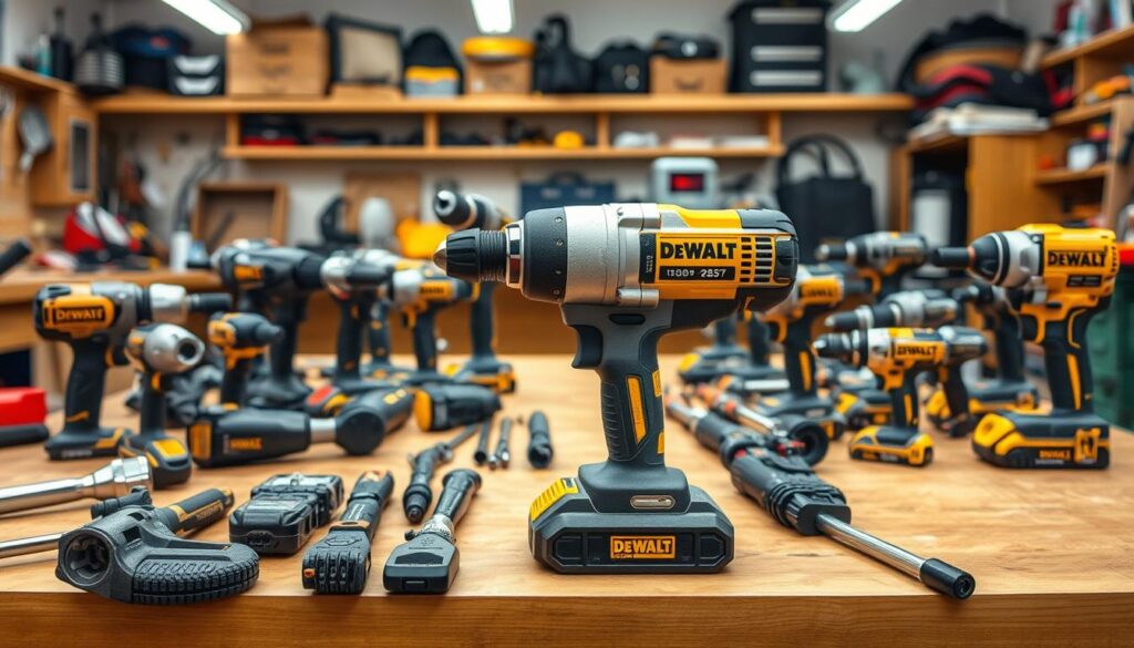 A power tool comparison in a well-lit workshop, showcasing a variety of top-brand tools arranged neatly on a wooden workbench. In the foreground, a DEWALT nut runner stands prominently, its sleek design and brushed metal finish contrasting with the assortment of impact wrenches, ratchets, and drivers from competing brands positioned around it. The middle ground features a clear view of the tool's ergonomic grip and intuitive controls, while the background offers a glimpse of the workshop's organized chaos, with shelves and storage units providing a sense of depth and context. The overall mood is one of precision, efficiency, and a professional approach to fastening tasks.