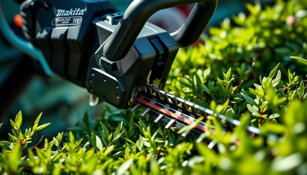 A powerful Makita 18V cordless hedge trimmer, its sturdy blades gleaming in the crisp, directional lighting. The trimmer is pictured in a sharp close-up, the focus centered on the blades as they effortlessly slice through dense foliage. The background is blurred, drawing the viewer's attention to the tool's impressive cutting capabilities. Intricate details of the trimmer's design and construction are visible, showcasing its robust and efficient engineering. The overall mood is one of precision, strength, and technological innovation, perfectly capturing the "Cutting Power and Efficiency" theme.