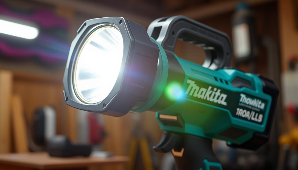A powerful and bright Makita work light, casting a warm, even glow across a workshop or job site. The light is encased in a sturdy, impact-resistant housing, with a wide beam angle to illuminate a large work area. The light is mounted on a swiveling base, allowing it to be angled for optimal illumination. The lens is made of durable tempered glass, with a reflector that maximizes light output. The work light is powered by a rechargeable lithium-ion battery, providing extended runtime between charges. The overall design is sleek and modern, with a rugged, professional appearance befitting a high-quality Makita tool.