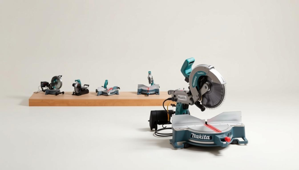 A precise and technical comparison between the Makita LS1013 miter saw and its competitors, set against a clean, minimalist background. The saw is prominently displayed in the foreground, with a sleek, high-contrast lighting setup that accentuates its robust construction and intricate mechanical components. In the middle ground, additional miter saws are arranged in a grid-like formation, allowing for a side-by-side visual analysis of their key specifications and features. The background is a plain, neutral-toned studio setting, keeping the focus firmly on the saws and their technical details. The overall tone is one of professional, analytical comparison, conveying the power and precision of the Makita LS1013 miter saw.
