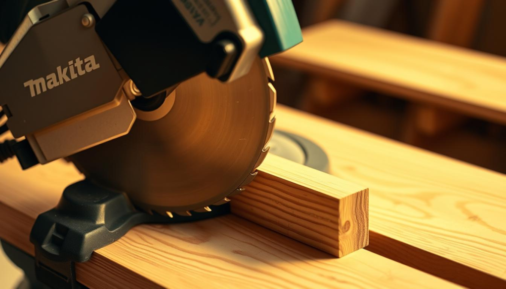 A precision Makita miter saw cutting through wood with clean, crisp lines. The blade cuts smoothly, leaving a pristine surface. Warm, directional lighting highlights the saw's sleek, industrial design and the subtle texture of the freshly sawed wood. The saw is positioned at a slight angle, capturing its power and efficiency in action. The background is blurred, keeping the focus on the saw and the cutting process. An immersive scene that showcases the remarkable accuracy and control of this Makita miter saw.