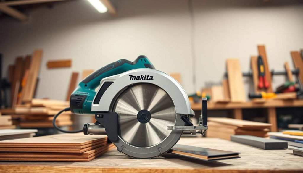 A precision circular saw, the Makita 5007F, resting on a workbench. In the foreground, it effortlessly cuts through various materials - smooth hardwood, rugged plywood, and crisp-edged metal sheets. Bright overhead lighting illuminates the scene, casting dynamic shadows that accentuate the saw's sharp blade and sturdy build. In the middle ground, a variety of woodworking tools and materials surround the saw, hinting at its versatile applications. The background blurs into a neutral, well-lit workshop setting, allowing the saw and its work to take center stage. The overall composition conveys the power, precision, and versatility of the Makita 5007F circular saw.