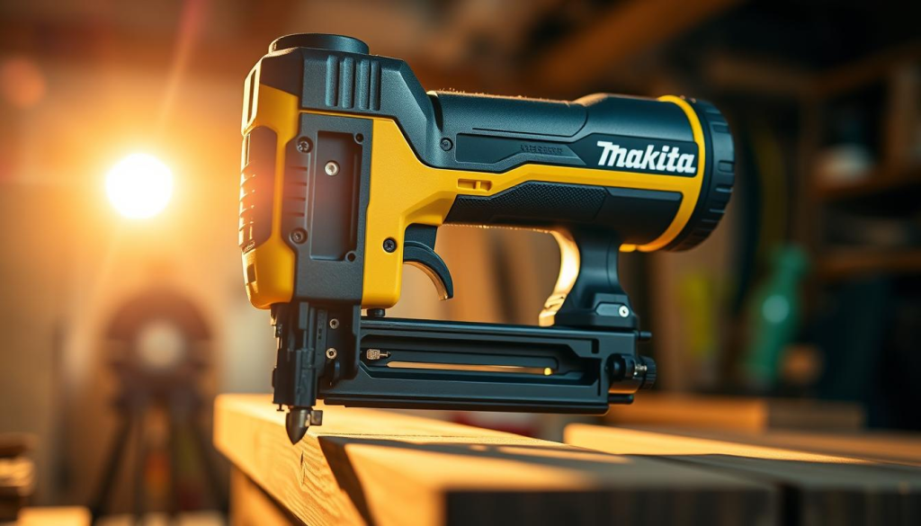 A precision cordless pin nailer by Makita, bathed in warm workshop lighting. Sleek black and yellow body, with ergonomic grip and trigger. Close-up view showcasing the compact and lightweight design, perfect for tight spaces and delicate work. Bright LED light illuminates the work area. Detailed metal mechanism and components visible, conveying the tool's robust construction and reliable performance. Soft shadows accentuate the form, creating depth and a sense of solidity. Overall, a professional-grade power tool ready to tackle intricate carpentry, furniture assembly, and other delicate fastening tasks.