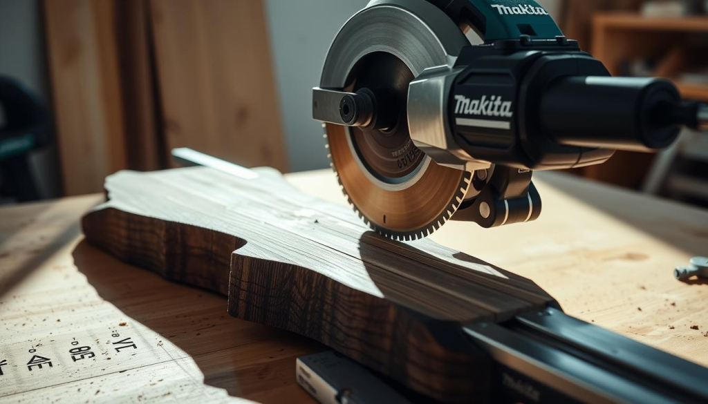 A precision cutting demonstration of a Makita track saw kit in a bright, well-lit workshop setting. The saw's blade glides smoothly along a sturdy aluminum track, leaving behind a clean, splinter-free cut in a slab of rich, dark wood. Soft shadows cast by the saw and track create depth and dimensionality. The composition emphasizes the kit's engineering, with the track saw's sleek, brushed-metal housing and ergonomic handles taking center stage. The overall atmosphere conveys the power, control, and professional-grade capabilities of this specialized woodworking tool.