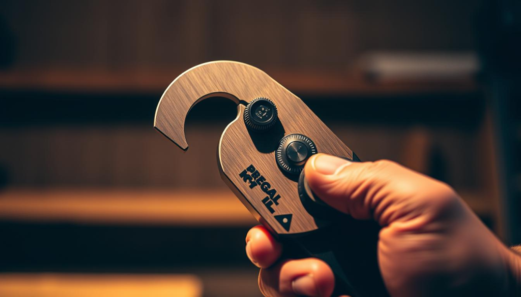 A precision cutting tool, held with a sturdy grip, its stainless steel blade gleaming under warm, directional lighting. The tool's ergonomic handle and balanced weight convey a sense of control and confidence. In the middle ground, the tool's key features are visible - the bevel adjustment knob, the depth gauge, and the blade guard. The background is blurred, keeping the focus on the tool's intricate mechanics and craftsmanship. The overall atmosphere evokes a sense of precision, power, and the user's ability to effortlessly make clean, straight cuts.