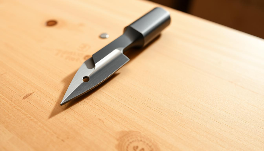 A precision cutting tool lying on a clean, well-lit wooden workbench. The tool features a sharp, stainless steel blade with a sleek, ergonomic handle. The blade casts a crisp, defined shadow on the bench's surface, emphasizing its sharp, focused edge. The overall scene has a sense of order and attention to detail, conveying the thoughtful, meticulous nature of plunge cutting in woodworking. The lighting is soft and diffused, creating a warm, professional atmosphere. The angle of the shot emphasizes the tool's utility and craftsmanship, highlighting its role as a essential instrument for precision woodworking.