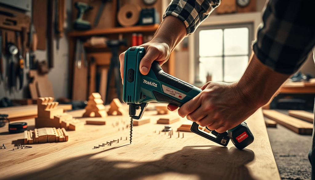 A precision driving scene featuring a Makita screw gun in action. In the foreground, a skilled DIY enthusiast expertly maneuvers the cordless screw gun, driving screws with surgical precision into a wooden surface. The middle ground showcases intricate woodworking projects, highlighting the power and control the Makita tool provides. The background features a well-equipped DIY workshop, with various tools and materials neatly organized, creating an atmosphere of productivity and efficiency. Warm, directional lighting casts dynamic shadows, emphasizing the Makita screw gun's fluid motion and the user's dexterity. The overall scene conveys the benefits of using a Makita screw gun - its reliability, versatility, and the level of control it affords the DIY practitioner.