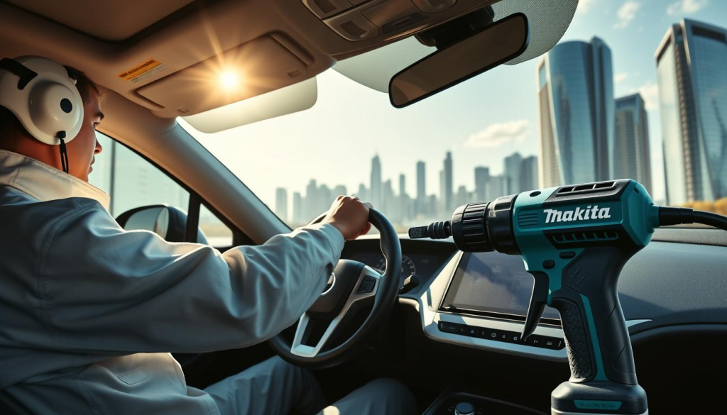A precision driving scene with a Makita screw gun in the foreground. The driver, clad in a crisp, white mechanic's jumpsuit, navigates a sleek, high-performance electric car through a winding, urban environment. Sunlight filters through the tall glass buildings, casting dramatic shadows and highlights across the car's metallic surface. The driver's hands confidently guide the steering wheel, their movements fluid and controlled. In the background, a bustling city skyline provides a dynamic, modern backdrop, emphasizing the importance of precision and care when maintaining a screw gun for DIY projects.