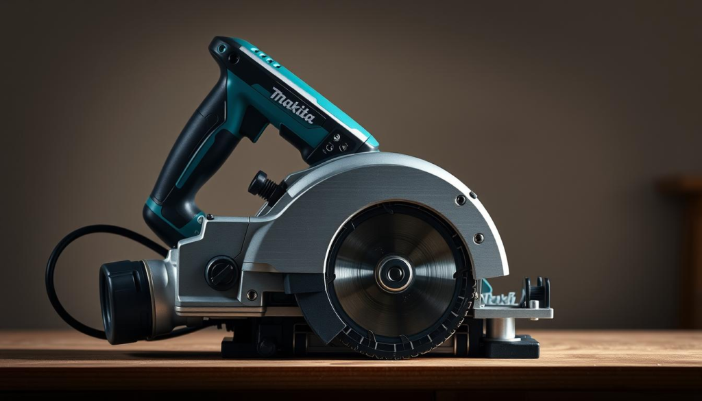 A precision-engineered Makita plunge saw resting on a workbench, illuminated by soft, directional lighting that highlights its intricate details. The saw's sleek, metallic body gleams, showcasing its robust construction and attention to engineering. The blade guard smoothly retracts, revealing the razor-sharp tungsten carbide teeth poised for clean, accurate cuts. The depth adjustment knob and bevel scale are clearly visible, allowing precise control over cutting depth and angle. In the background, a neutral-toned, muted environment provides a minimalist backdrop, putting the tool's exceptional craftsmanship at the forefront.