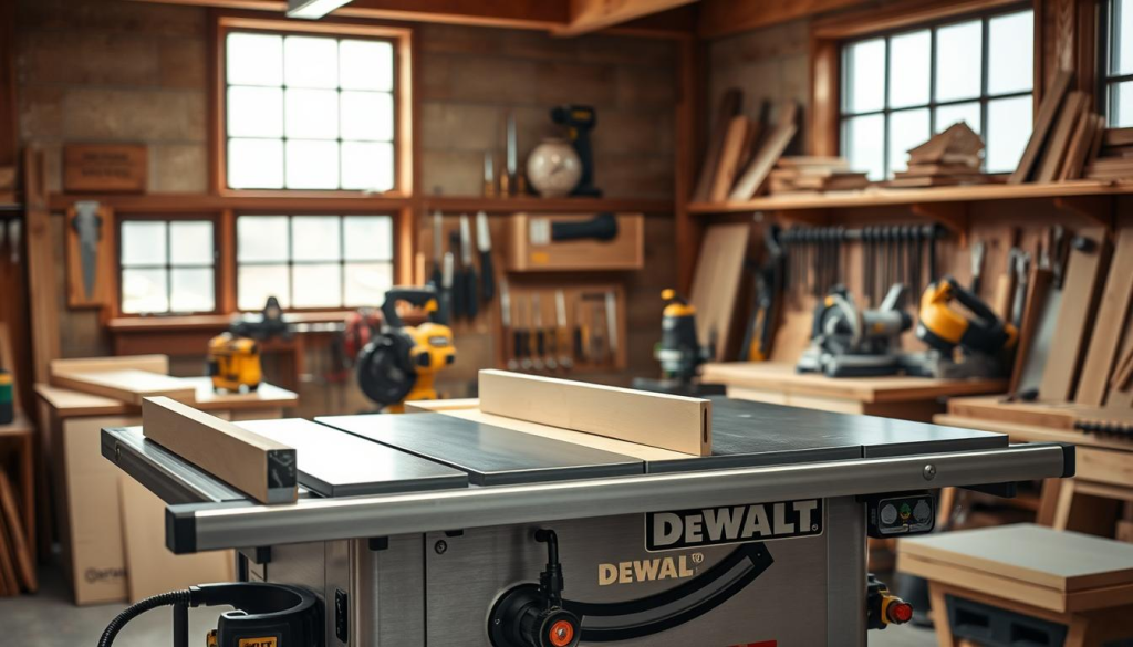 A precision engineering workshop, well-lit with soft natural light filtering through large windows. In the foreground, a state-of-the-art DEWALT table saw stands proudly, its brushed metal and sleek design exuding quality and reliability. Placed on the saw's surface is a DEWALT zero clearance insert, its smooth edges and seamless integration emphasizing the saw's advanced features. The middle ground showcases an array of carefully organized woodworking tools, including chisels, clamps, and a miter saw, all bearing the DEWALT logo - a testament to the brand's commitment to professional-grade equipment. The background features a backdrop of wooden beams and shelves, creating a warm, rustic atmosphere that complements the modern workshop aesthetic. The overall scene conveys a sense of precision, efficiency, and the pride that comes with using DEWALT tools to unlock smooth, high-quality cuts.