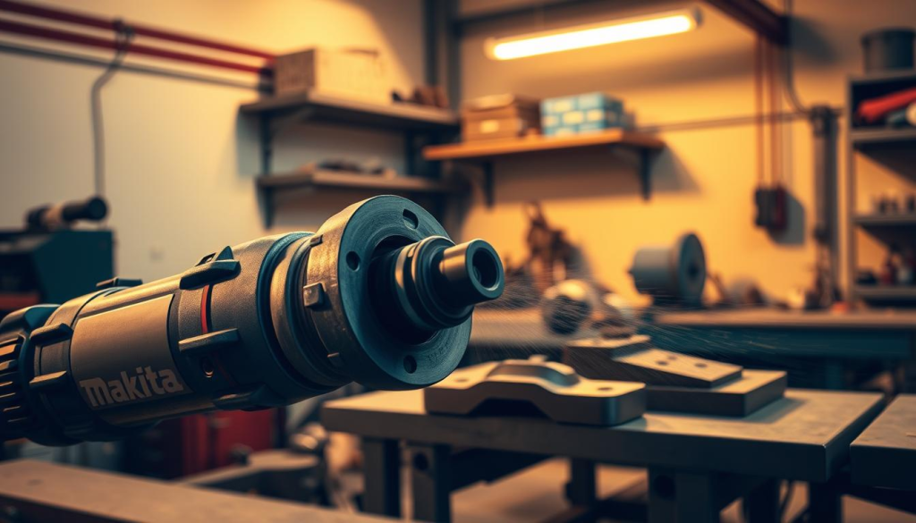 A precision grinding workshop with a Makita die grinder in the foreground, its powerful motor and rotary mechanism in sharp focus. In the middle ground, intricate metal parts being carefully shaped and finished. Warm, directional lighting casts dramatic shadows, highlighting the tool's ergonomic design and the skilled operator's movements. The background features a clean, minimalist workspace with industrial shelving and equipment, conveying a sense of professionalism and attention to detail. The overall scene exudes a palpable air of craftsmanship and technical mastery.